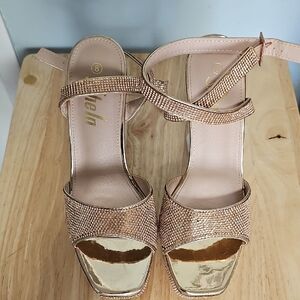 SHEIN Rose Gold Rhinestone Strap Block Heels